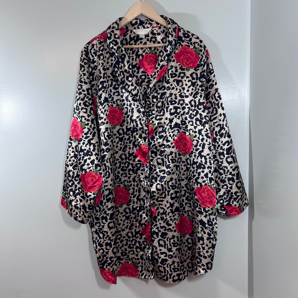 Avenue Body Leopard Rose Print Satin Sleep Shirt Nightgown Plus Size 26/28